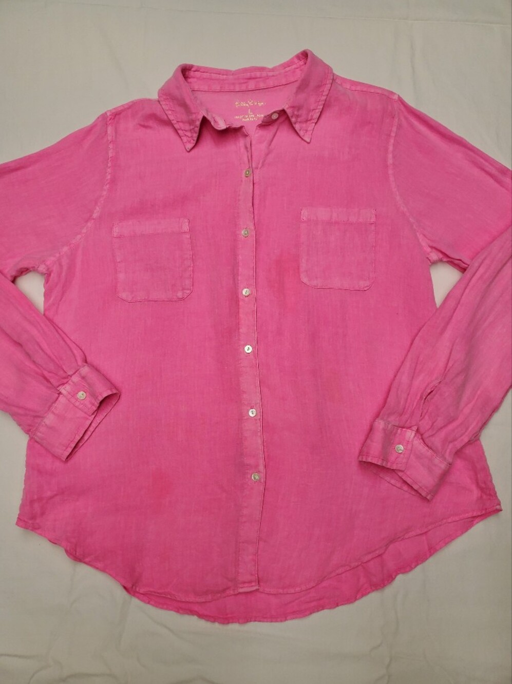 Lilly Pulitzer Womens L 100% Linen Button Down Shirt Pink Long Sleeve Preppy